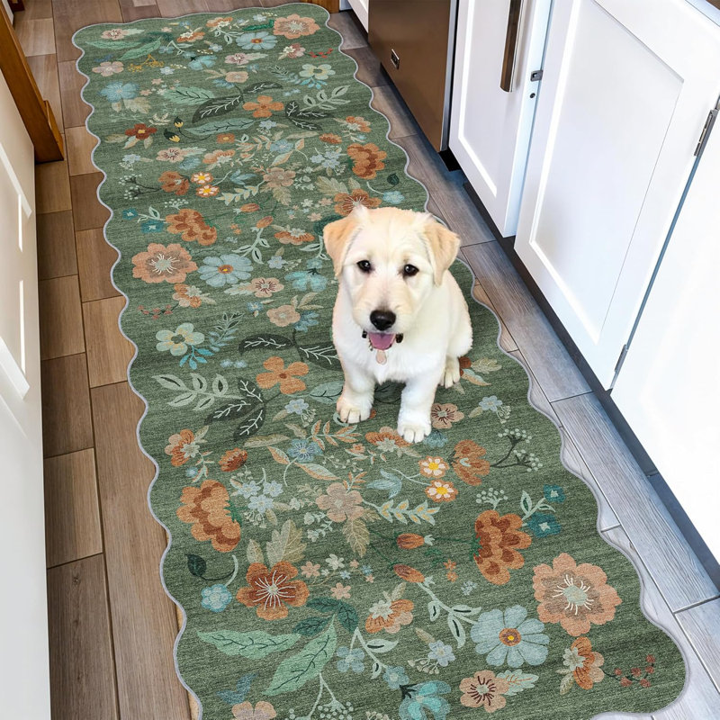 Hallway Washable Rug: Stain Resistant Floral Scalloped Rug for Kitchen Entryway Farmhouse Soft Carpet for Bathroom Bedroom Thin Laudry Living Room Floor Mat with Non Slip Backing