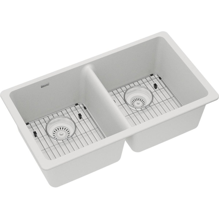 Quartz 33" x 18-1/2" x 9-1/2" Double Basin Undermount Kitchen Sink with Basket Strainer