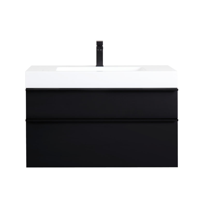 Meuble-lavabo mural noir de 36 pouces avec lavabo en acrylique intégré, 2 tiroirs à fermeture en douceur, armoire flottante moderne pré-assemblée, poignées en bois massif bicolore, rangement intégré, peau