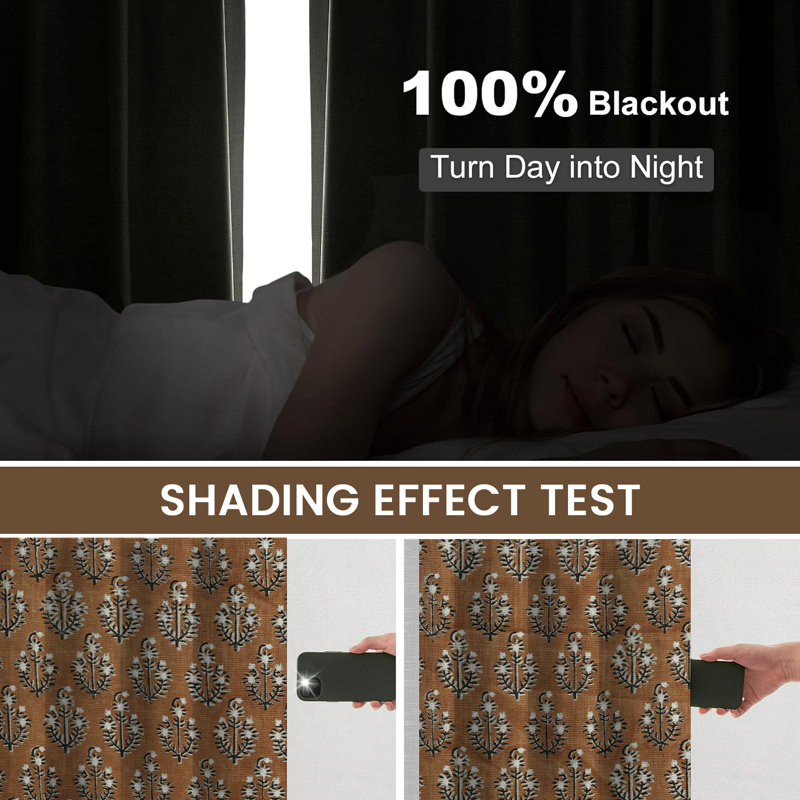 Fabdivine Hand Block Print Brown or Black Floral Pinch Pleated Curtains Home Office Décor Window Treatment, 27x108 Inches with Blackout Fabric 2 Panel Set Thick Linen Kitchen Hook Drapes, Neel Gagan