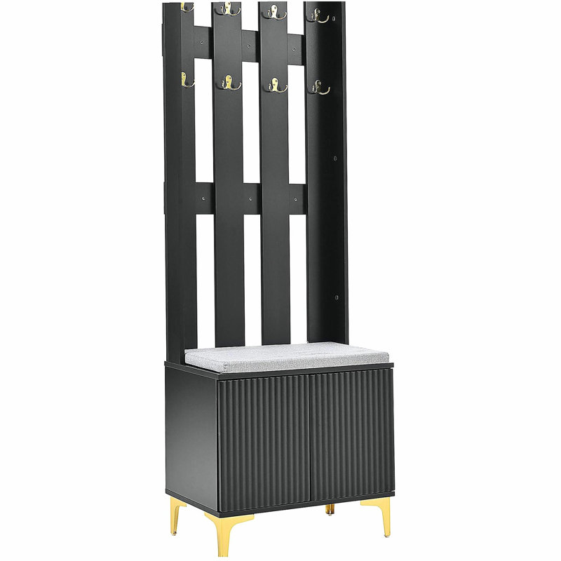 Modern Luxury 4-in-1 Hall Tree with Cushion, Versatile Coat Rack with 8 Gold Hooks and Legs, Entryway Bench with Adjustable Shelves & Fluted Doors for Hallway, Living Room