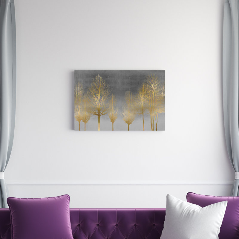 Treeline gris et or, H 20 po x l 30 po, Impression encadrée avec passe-partout, Argent argent