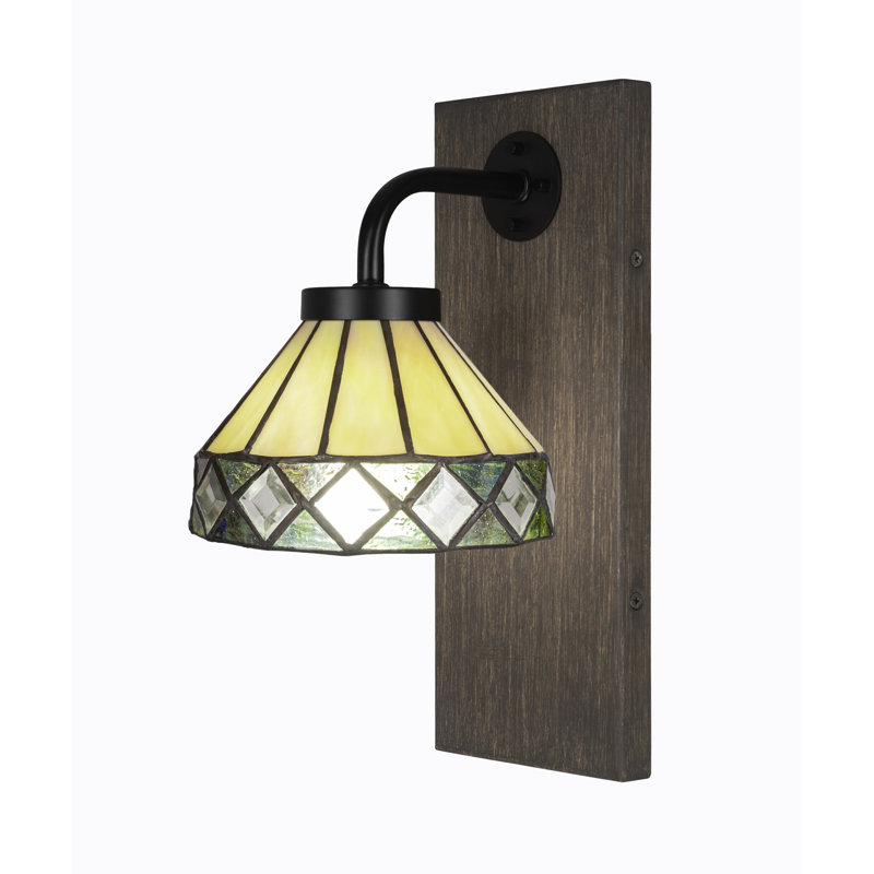 Oxbridge Wall Sconce Shown In Matte Black & Painted Distressed Wood-look Metal Finish With 7" Diamond Peak Art Glass