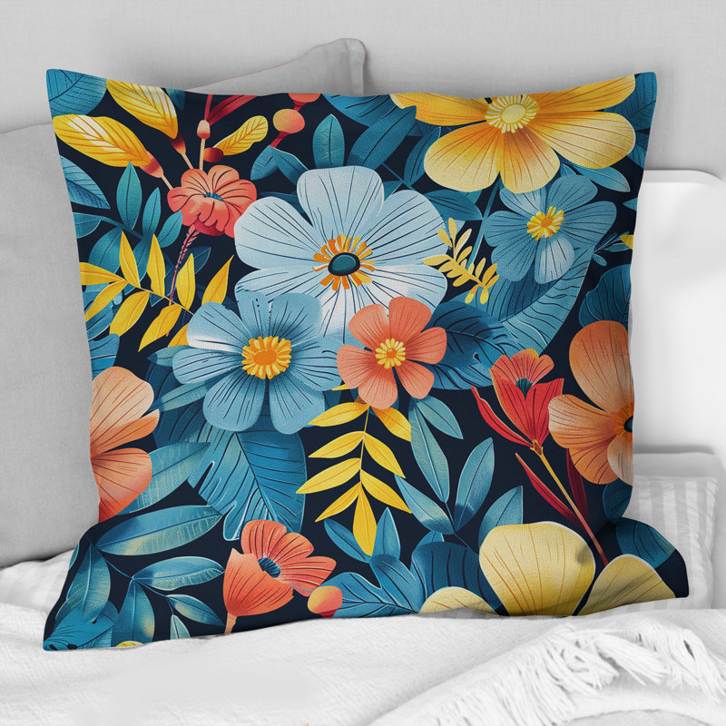 Coussin jaune et bleu Tropical Blooms II - Mid-Century, H 18 po x l 18 po