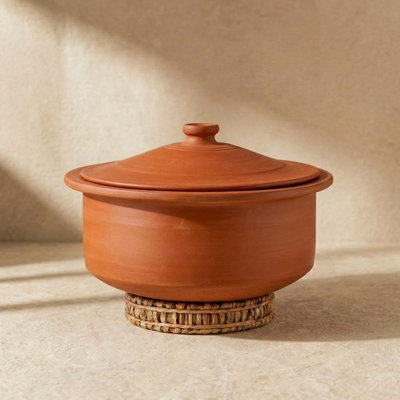 Unglazed Clay Pot For Cooking | Earthen Kadhai | Terracota Patila | Clay Handi For Serving With Lid, 3l, Red | Includes Free Palm Leaf Stand