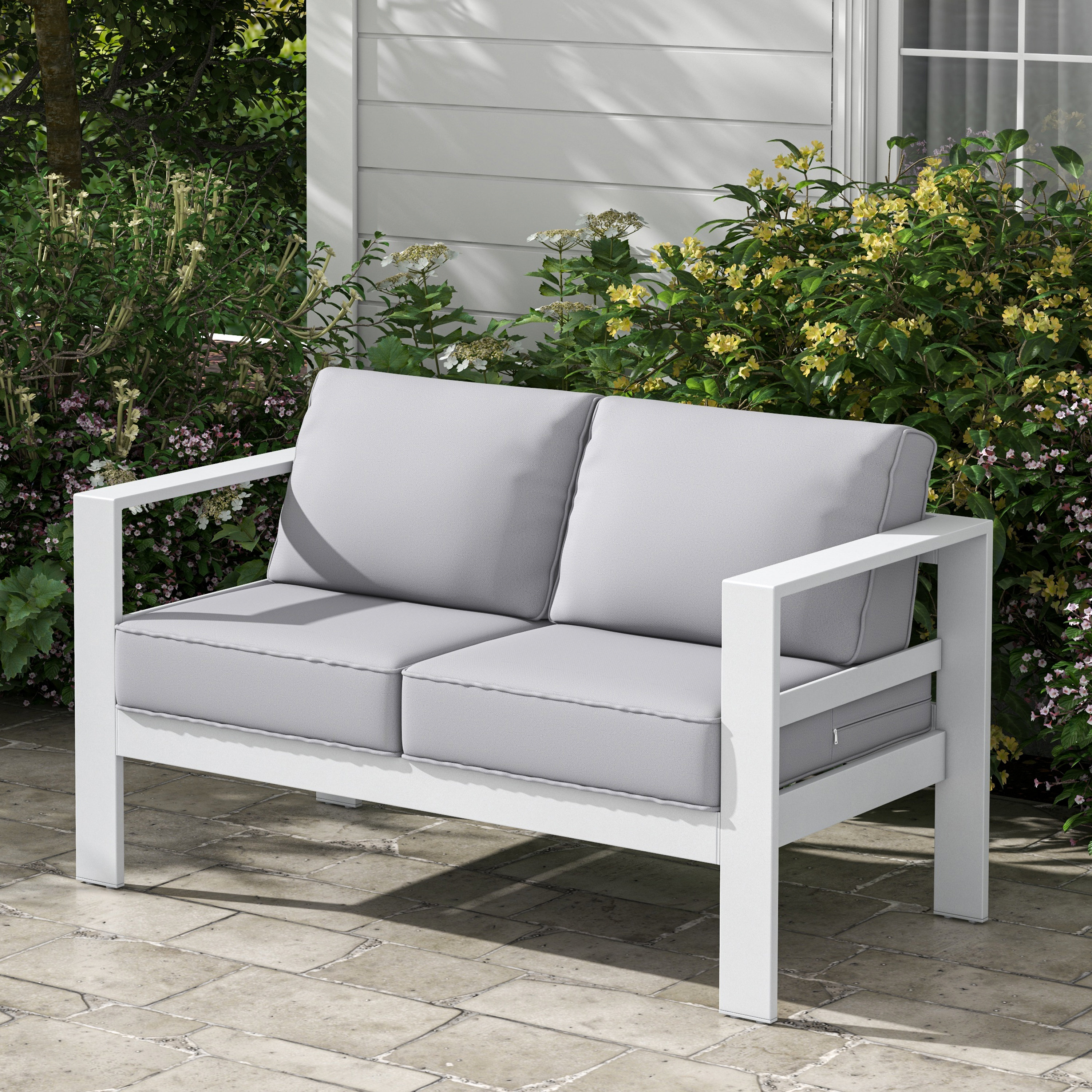 Braidan 53 Wide Outdoor Loveseat with Cushions Wade Logan Frame Color: White, Cushion Color: Light Gray