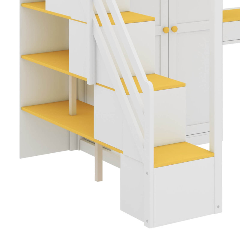 Full Size Loft Bed With Storage Staircase,Built-In Dressing Table With Mirror And Drawer, Wardrobe & Cabinets, USB Charging Ports And Lights