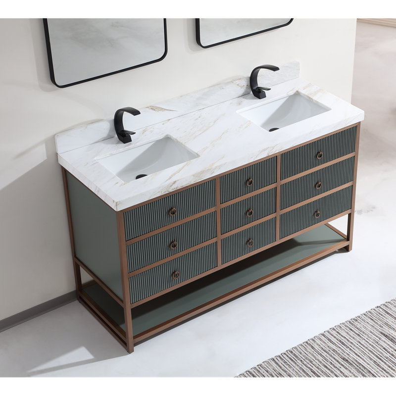 72" Double Vanity With Golden Brush Stainless Steel Frame And Tricorn Black Finish With 2' Thick Black Natual Stone Top, Gray