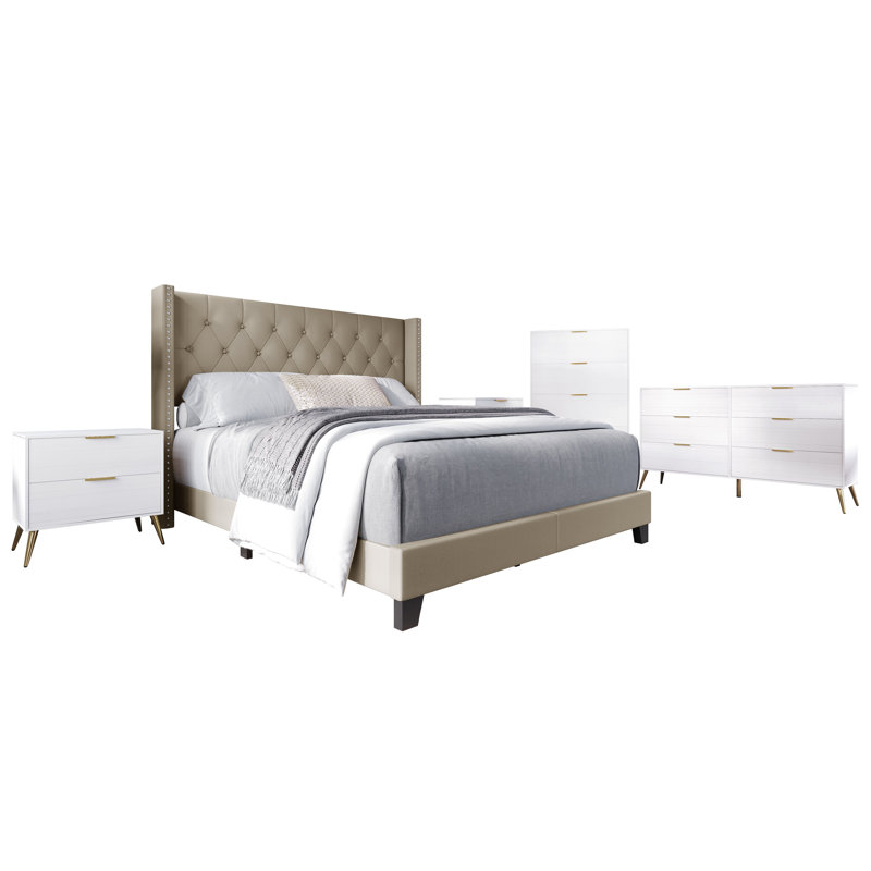 Castle Place Contemporary Rustic Full 5-Piece Bedroom Set, Wingback Bed with 2 Nightstands, Dresser and Chest, Gold PU, Twin