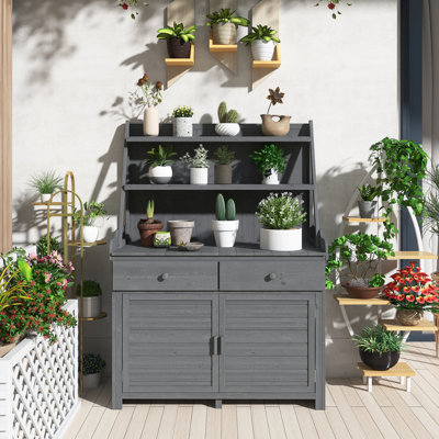 Banc de jardin en pot 65 po H, poste de travail en bois de sapin avec tablette de rangement, tiroir et armoire, 2 dispositifs anti-chute, facile à installer
