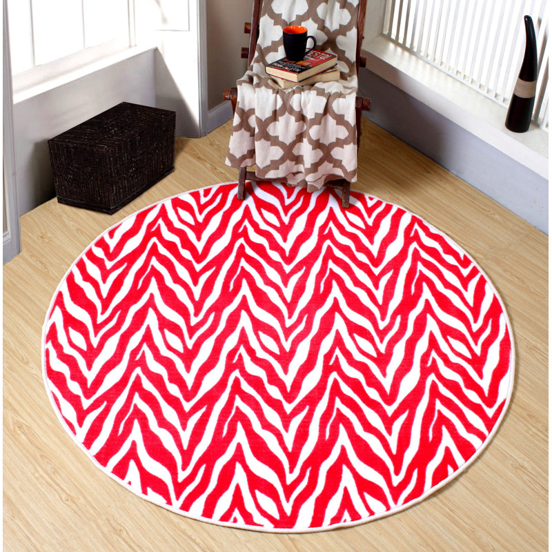 Tapis beige / rouge à imprimé animal, Rond 4 pi