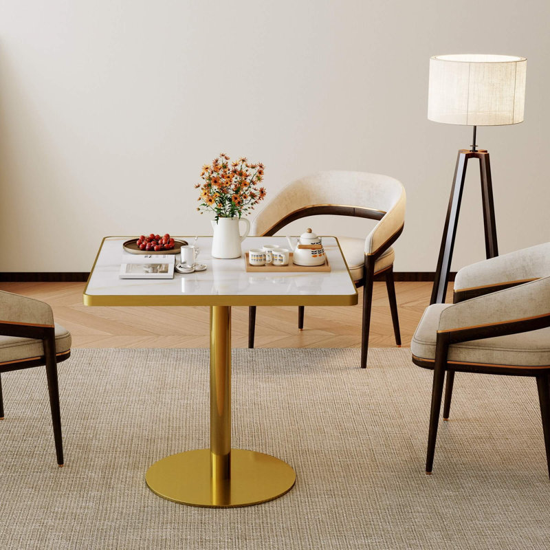 Table de salle à manger 31,5 po carrée en pierre frittée avec base en métal doré - Usage commercial et résidentiel pour les cafés, les restaurants et les petits espaces