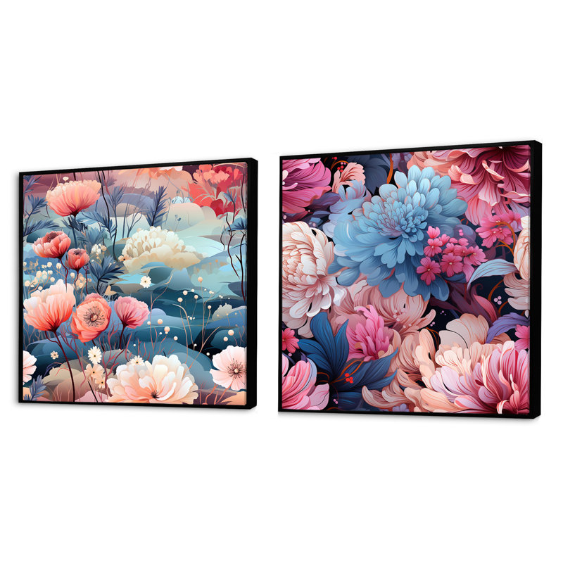 Leyna - Ensemble de 2 collages carrés botaniques abstraits, Cadre flottant noir, H 16 po x l 33 po