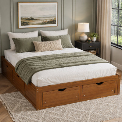Queen Size Solid Wood Storage Platform Bed with 6 Drawers, Durable Pine and Walnut Finish for Modern Bedrooms