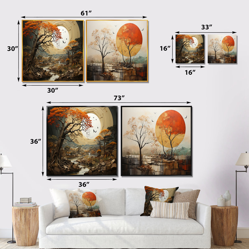 Baobab Tree Harmony I - ensemble de 2 collages floraux carrés, Cadre flottant noir, H 16 po x l 33 po