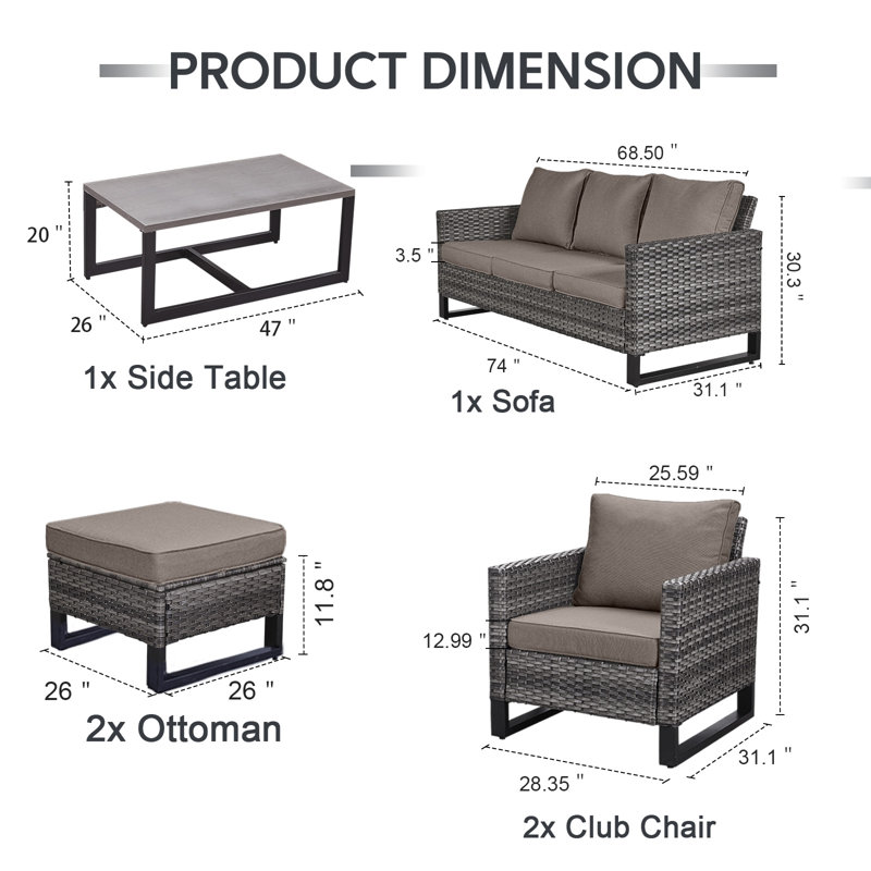 Ensemble de conversation pour patio pour 5 personnes avec coussins, gris, Brun