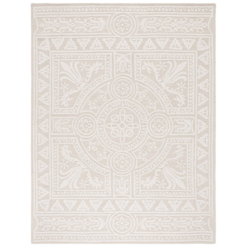 Ferrera Floral Handmade Tufted Wool Light Gray/Ivory Area Rug, Rectangle 9' x 12'