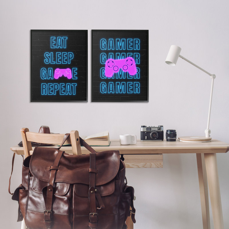 «Neon Gamer Eat Sleep», ensemble de 2 estampes numériques encadrées par Nina Blue, Giclée encadrée noir minuit