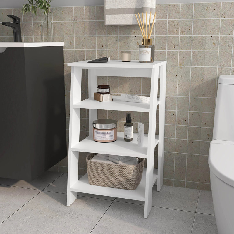 Classy White Freestanding Bathroom Shelf With 4 Shelves For Storage Organizer Neat Placement, Natural