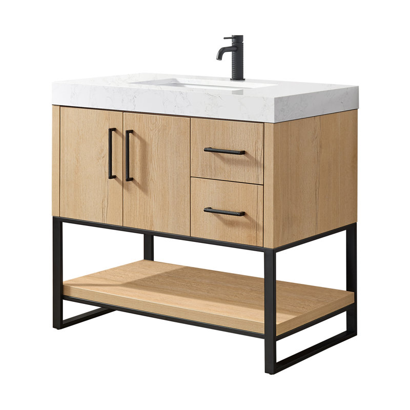 Cataleya 36" Single Sink Bath Vanity in Weathered with White Grain Composite Stone Top, Matte Black/OaK