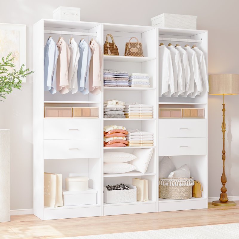 3-Piece Set: 74.4"W Wardrobe Storage System With 4 Wooden Drawers, Adjustable Shelves And Hanging Rod, White