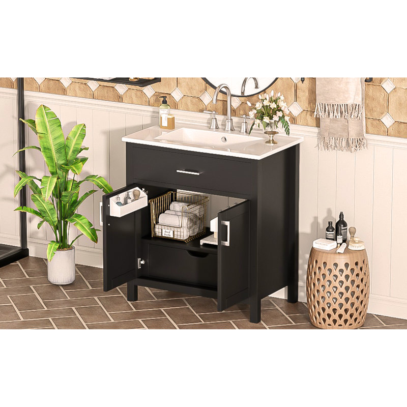 Meuble-lavabo de 30 pouces avec lavabo en céramique et beaucoup de rangement - le choix parfait pour les petites salles de bain