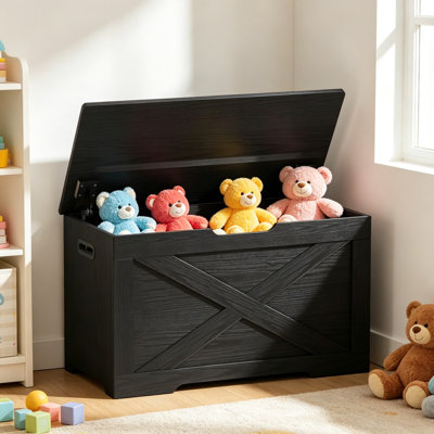 Banc de rangement en bois avec charnières de sécurité, banc à chaussures d'entrée, capacité de 300 lb, 15,7 x 31,5 x 18,9 pouces, noir pour le salon, la chambre à coucher