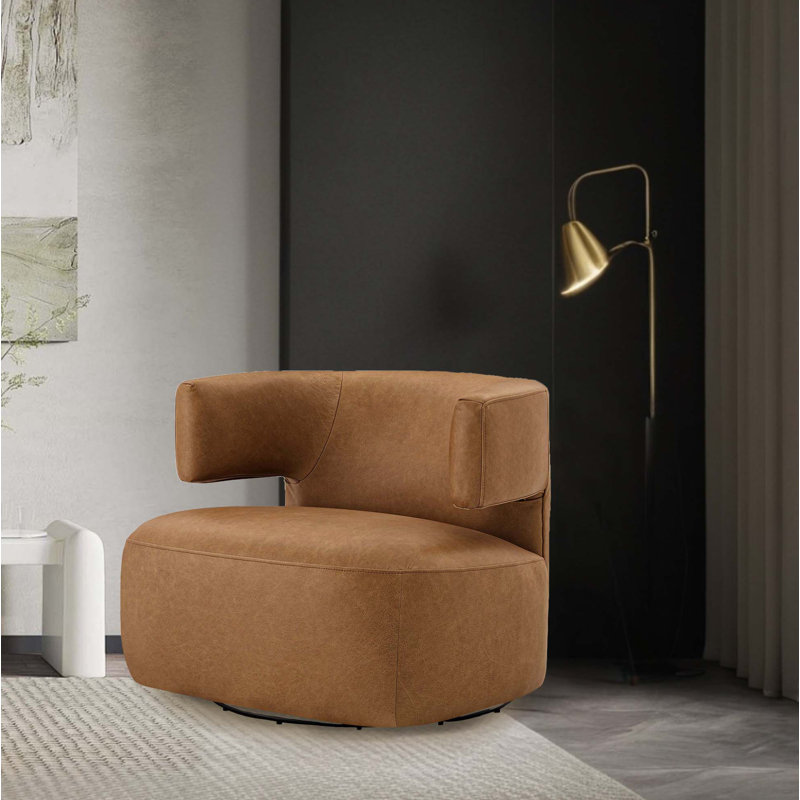 Bascom Genuine Leather Upholstered Swivel Barrel Chair, Marseille Brown