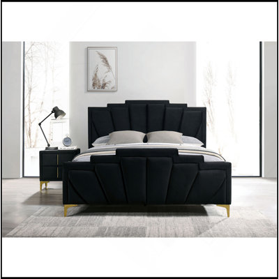 Glam Classic Black Flannelette Fully Upholstered Queen Size Bed Shell Tufting Padded HB 1Pc Bedframe