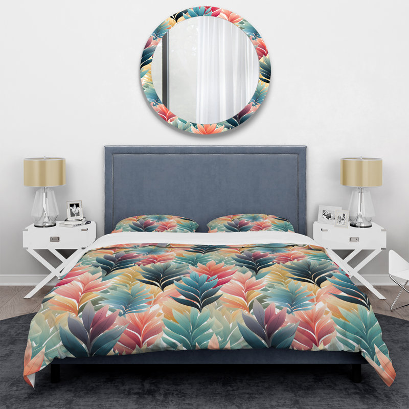 Coral And Green Enchanted Ferns Chevron Pattern - Ensemble de housse de couette à motif floral