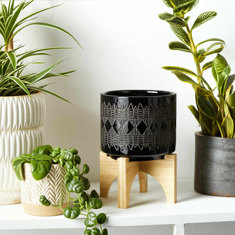 Stoneware & Ceramic Planters with Bamboo Stand, Decorative Indoor Plant Pots, Durable Modern Plant Holders, Aztec Black