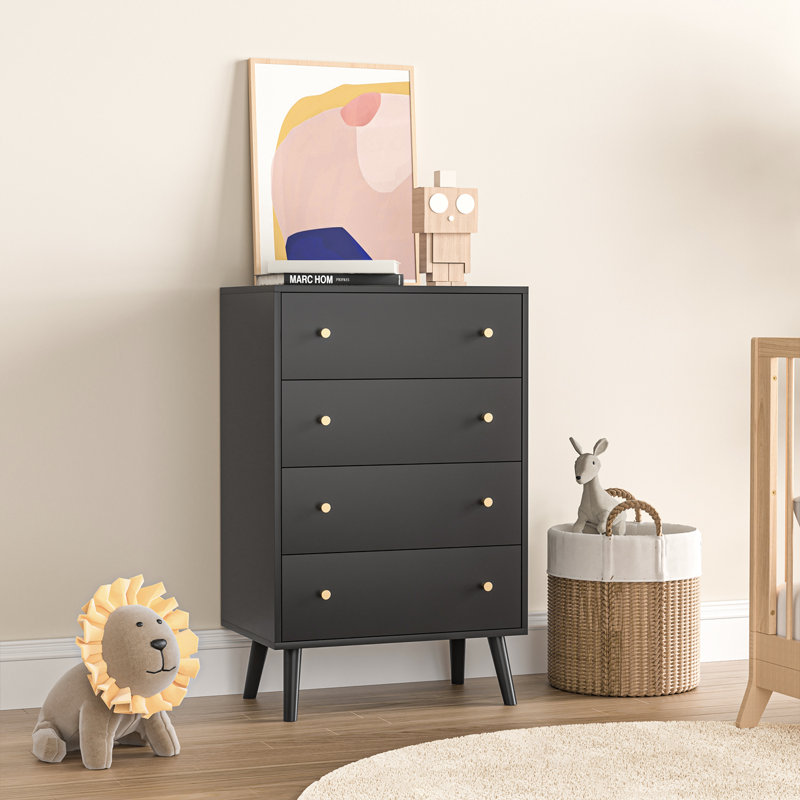Burt 4 - Drawer Dresser, Tall Chest of Drawers with Gold Handle for Bedroom, Black