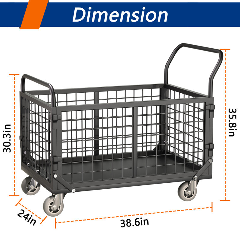 Platform Truck Cart With Cage, 5 In 1 Heavy Duty Platform Cart With Cage 2200 Lbs Capacity Foldable Push Cart., Black