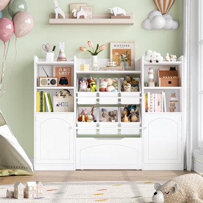 Kirklyn 55.3"W Bookcase With 6 Removable Bins And 1 Large Drawer, Wood White Storage Kids Bookcase