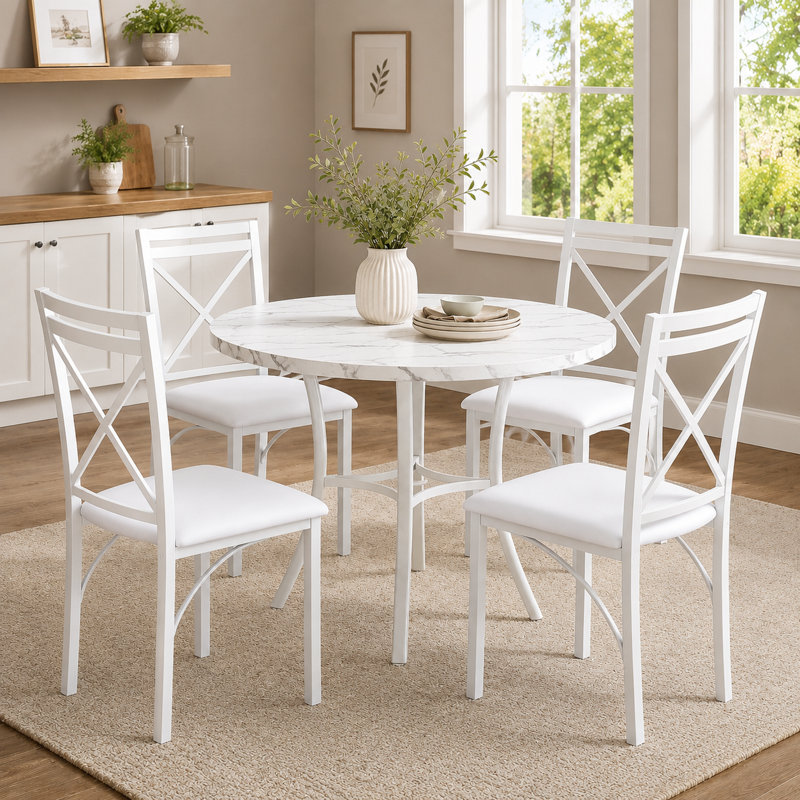 Ensemble de salle à manger à quatre pieds Kasandra pour 4 personnes, ensemble de table de salle à manger 5 pièces pour 4 personnes, table de cuisine ronde et 4 chaises de salle à manger en métal avec sièges en similicuir