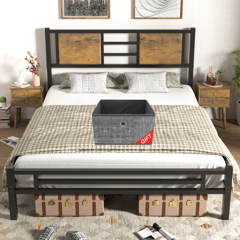 Lit en métal avec tête de lit en bois 40,2 po Stipe, lit plateforme robuste et durable, Complet/Double
