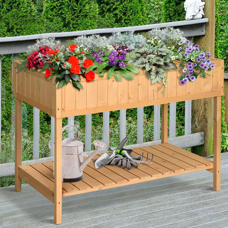 43.25X18x30in Wooden Raised Vegetable Bed With 8 Pockets And Storage Shelf - Harvest Veggies Bountiful
