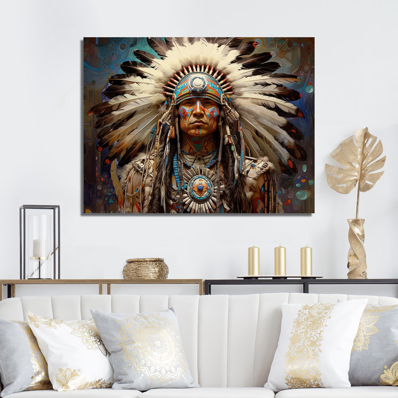 Native Honor Traditional Warrior I - Art amérindien, art mural, H 16 po x l 32 po x P 1 po, Toile tendue