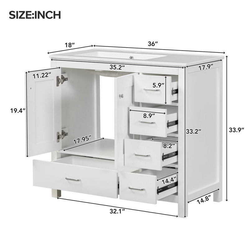 36" White Bathroom Vanity With Ceramic Sink