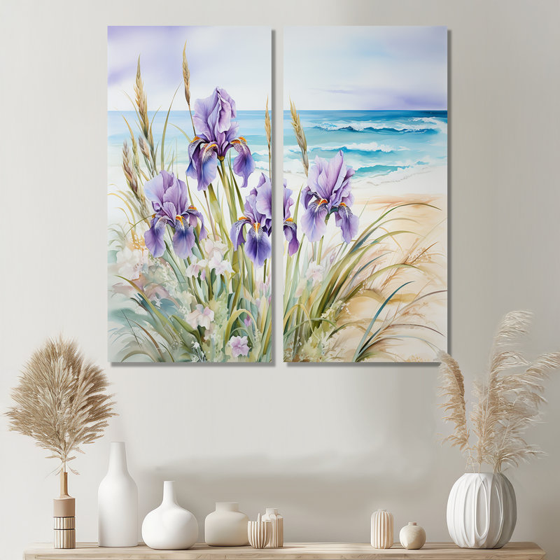 Iris mauves sur la plage II - Reproduction d'art traditionnel mauve sur toile, H 32 po x l 32 po, Toile tendue sur cadre
