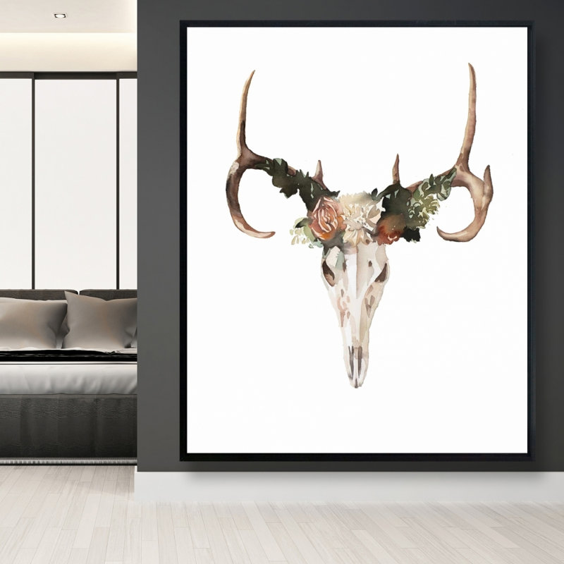 Crâne de cerf avec roses, reproduction sur toile, 60" H x 48" W, Toile encadrée noire