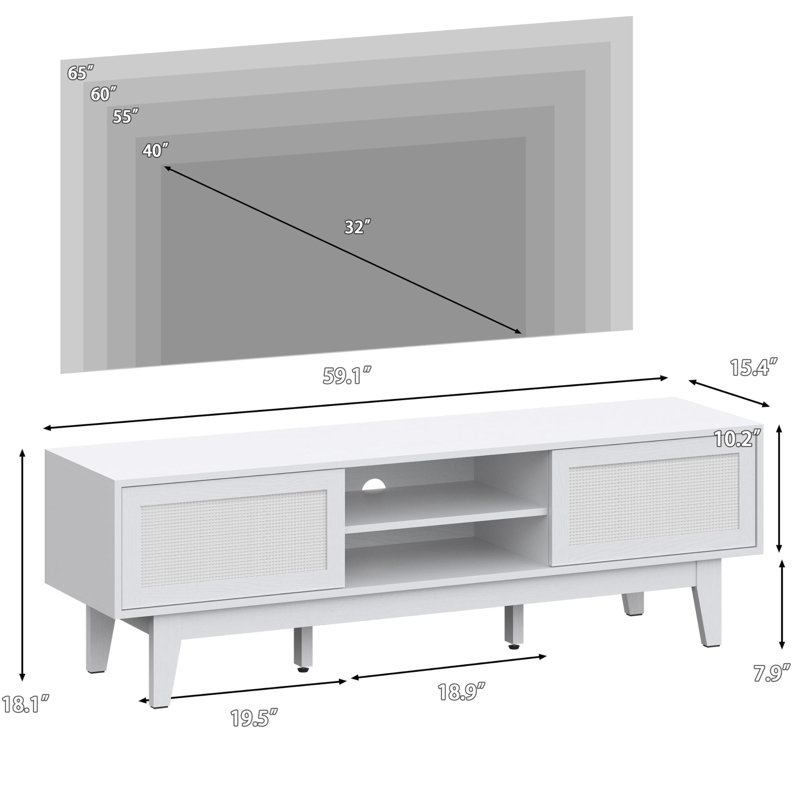 Boho TV Stand For 55 65 Inch TV, Rattan Entertainment Center With Shelves, Cabinets & Sliding Doors, Solid Wood Feet, Cord Holes, White