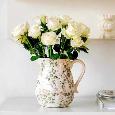 Vase floral en céramique vert avec poignée, style rustique rustique rétro, parfait pour les fleurs fraîches et fausses, décoration intérieure décorative, cadeau idéal pour les mariages et les pendaisons de crémaillère