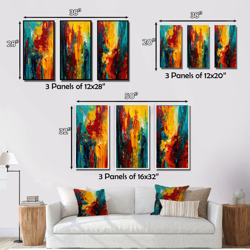«Yellow and Turquoise Journey Of Abstraction», 3 pièces sur toile, Cadre naturel flottant, H 20 po x l 36 po