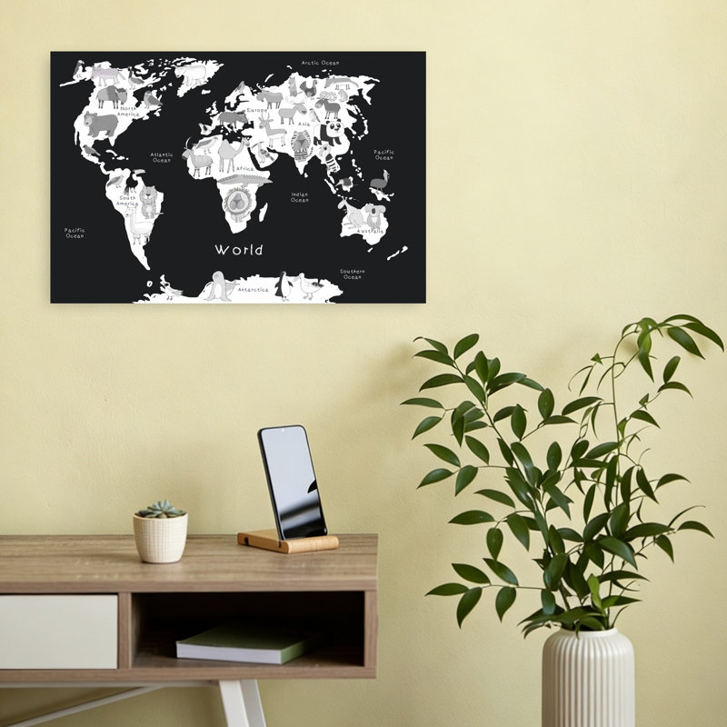 Carte du monde des animaux - Art mural contemporain - Ours, Éléphant, Koala - Nature et faune, H 12 po x l 18 po