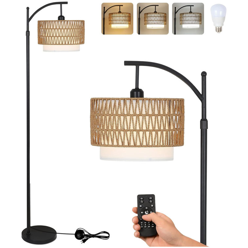 Arc Floor Lamp for Living Room with 3 Color Temperatures, Farmhouse Floor Lamps with Remote & Dimmable Bulb, Boho Standing Lamp with Rattan & Fabric Shades, Adjustable Tall Lamp for Bedroom, Office