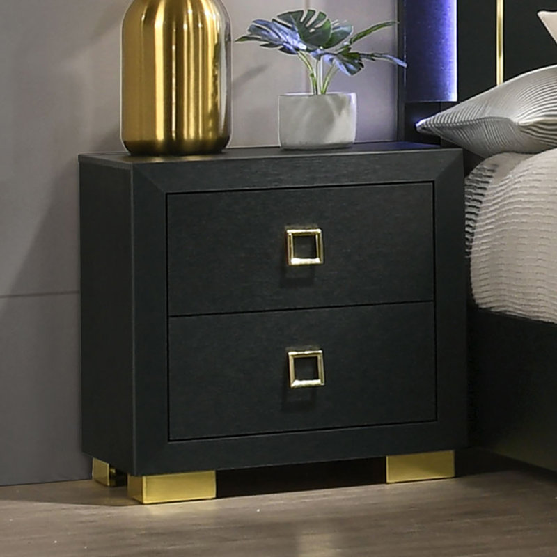 Table de chevet contemporaine 1 pièce avec glissière centrale 2 tiroirs et poignées carrées, idéale pour actualiser le décor de la chambre à coucher