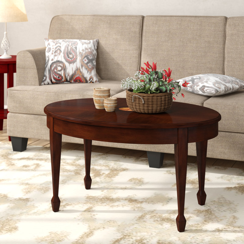 Cherry Oval Wood Coffee Table with Maple Inlay