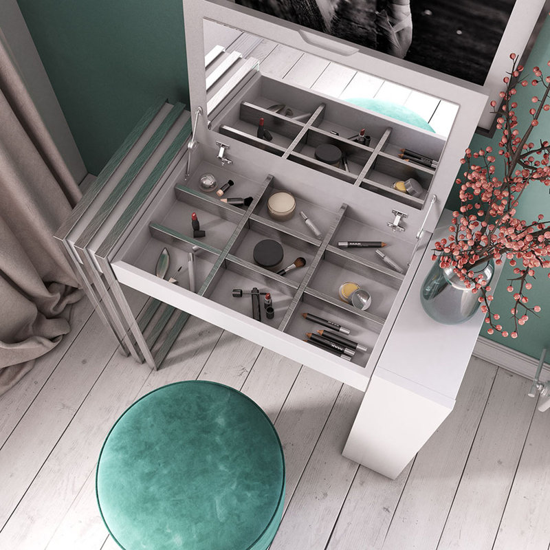 Ensemble coiffeuse en bois massif avec tabouret et Miroir, Mat