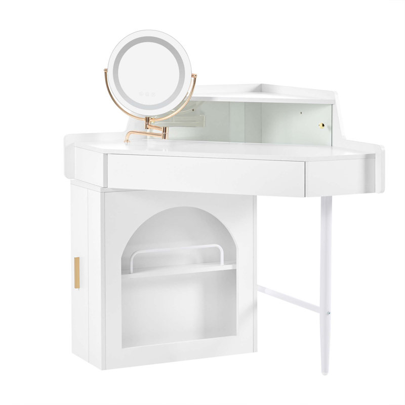 Bureau de coiffeuse de coin avec lumières DEL réglables, miroir rotatif et espace de rangement spacieux pour les petits espaces